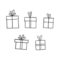 Christmas gift box doodle. Hand drawn present with ribbon illustration. Merry Xmas decorative element.