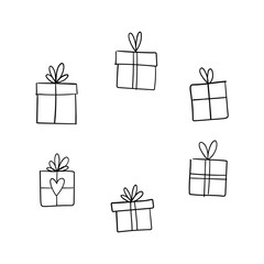 Christmas gift box doodle. Hand drawn present with ribbon illustration. Merry Xmas decorative element.