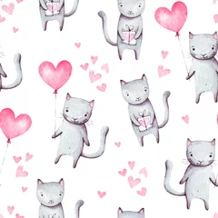 Fototapete Tiere mit Ballon Niedliche Cartoonkatzen mit rosa Ballonherzform und -geschenk. Handgezeichnete abstrakte Aquarell nahtlose Muster. Valentinstag Hintergrund. Es kann für Tapeten, Stoffdesign, Textildesign verwendet werden.