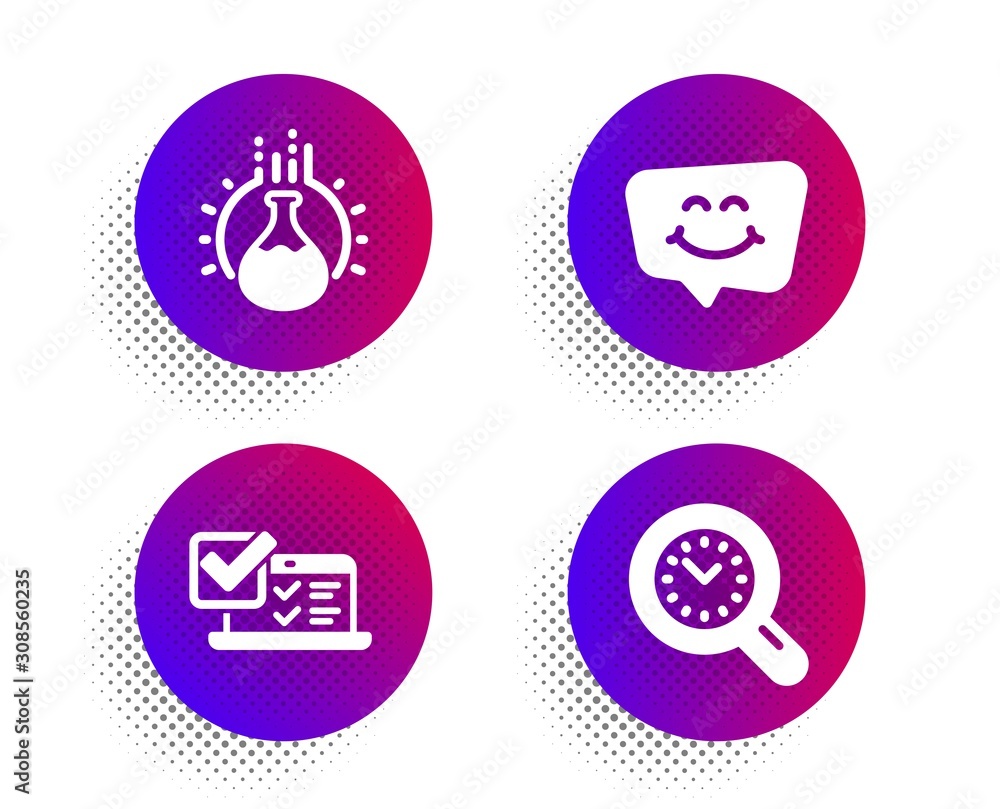 Poster smile chat, online survey and chemistry experiment icons simple set. halftone dots button. time mana