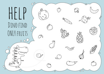 Naklejka premium Dinosaur Maze. Cool kids mini coloring game for development. Vector stock illustration in simple cartoon style. Help Dino find only fruits between vegetables