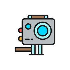 Action camera, extreme video cam flat color line icon.
