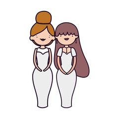 wedding brides women in elegant dress cartoon