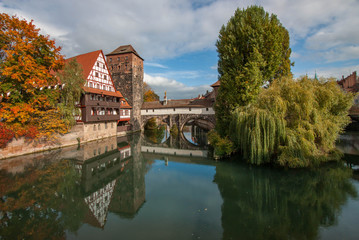 Fototapeta na wymiar Weinstadel, a historical landmark, located on the shore of Pegnitz river in Nuremberg, Germany.