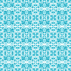 Fototapeta premium Seamless pattern with with Portuguese tiles. Watercolor illustration of Azulejo on white background. Turquoise colos.