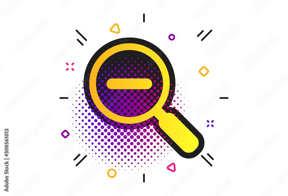 Poster magnifier glass sign icon. halftone dots pattern. zoom tool button. navigation search symbol. classi