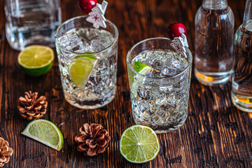 Ideas of winter drinks from gin and tonic for the new year. A bottle of gin and water tonic on a...