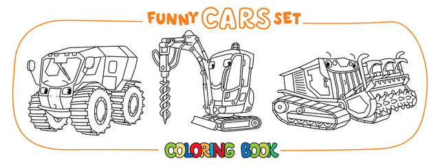 Fototapeta na wymiar Funny cars with eyes coloring book set