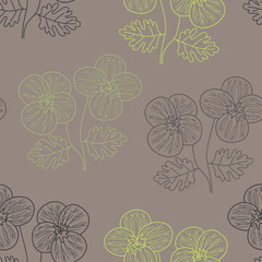 Fototapeta na wymiar Vector floral texture pattern in brown and green. Simple outline pansy flower bush hand drawn made into repeat. Great for background, wallpaper, wrapping paper, packaging, fashion.