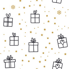Gift box doodles seamless pattern. Christmas present with ribbons texture background with stars and snowflakes. Merry christmas design. 