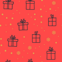 Gift box doodles seamless pattern. Christmas present with ribbons texture background with stars and snowflakes. Merry christmas design. 