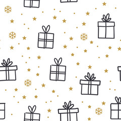 Gift box doodles seamless pattern. Christmas present with ribbons texture background with stars and snowflakes. Merry christmas design. 