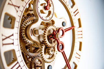 Close up of vintage clocks retro design made from the great wood, high quality for the collectors, isolated on white background with clipping path.