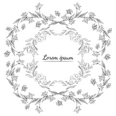 Tropical hand drawn floral frames. Outline set. Jungle foliage illustration. Floral set. Hand drawing. Vector isolated collection. Natural spring wedding card. Summer tropical leaf. Botanical frames