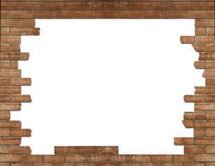 White hole in wall, brick frame. Isolated on the white bacground