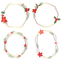 Vector Christmas holiday wreaths set with gold geometric borders and foliage and flowers in red and green