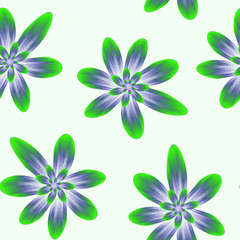 Seamless repeat pattern with flowers in blue and green on white background. drawn fabric, gift wrap, wall art design.