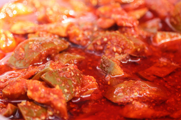 Spicy Hot Tangy Green Mango Ginger Pickles Soaked in Red Colored Oil Indian Aam Ka Aachar