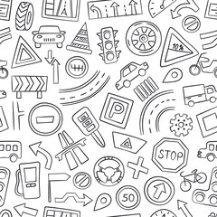 Cars, road objects, traffic signs and automobile symbols. Seamless pattern in doodle style. Vector illustration for driving school, car shops, auto parts store, service centers © Elena Pimukova