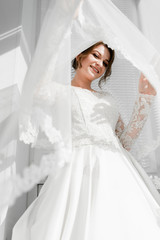 Portrait of young gorgeous bride with bridal veil. Wedding day gatherings. Beautiful girl dresses and gathers for a wedding ceremony in apartaments while waiting for the groom. Bride's morning