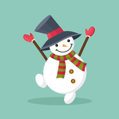 Dancing, jumping snowman in hat,  striped red and green scarf and red mittens. Merry Christmas or Happy New Year greeting card, poster, banner, icon. Flat vector illustration in cartoon style