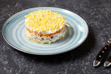 Traditional russian salad Mimosa with sardine, onion, potatoes, carrot, cheese, eggs and mayonnaise on stone table