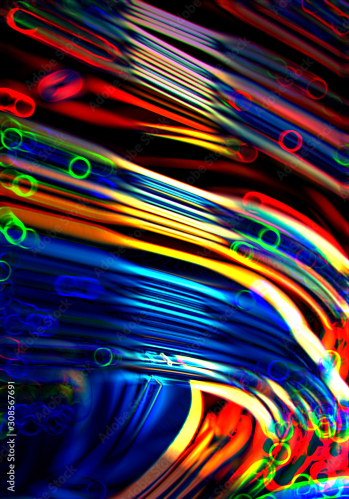 Poster abstract three-dimensional composition of multi-colored chaotic lines and neon circles on a black ba