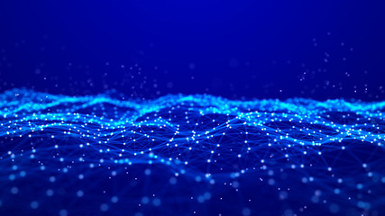 Wave of particles. Futuristic blue dots background with a dynamic wave. Big data. 3d rendering.