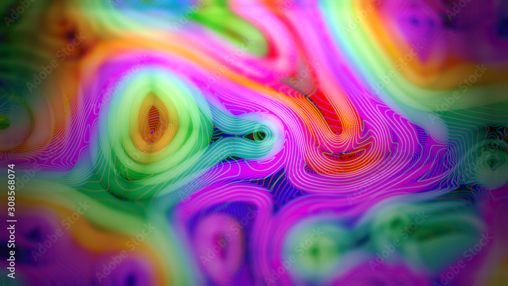 Poster abstract three-dimensional composition of bright neon spots of a gradient color, 3d render