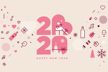 Happy New Year 2020 and lots of love. Modern vector illustration concept for background, greeting card, website banner, party invitation card, social media banner, marketing material.