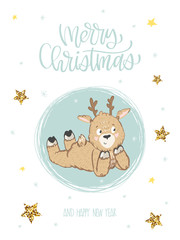 Vector holiday background with cute reindeer, stars, night sky and snowflackes. Christmas card with hand written text Merry Christmas and happy New Year. Childish winter background.