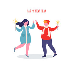 Couple with sparklers celebrates new year and Christmas. New Year celebration concept. Vector illustration can use forinvitation, banner, postcard, web page.