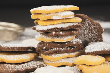 christmas cookies, chritmas stick, frosting, powdered sugar, cinamone, lights