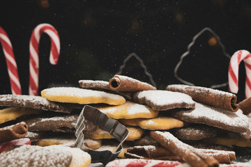 christmas cookies, chritmas stick, frosting, powdered sugar, cinamone, lights