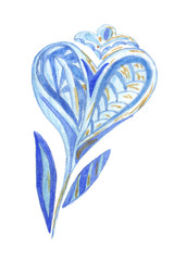 Flower - a blue heart for the holiday of February 14. Watercolor hand drawn illustration for Valentine's day
