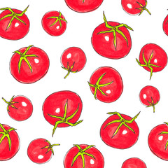 Seamless pattern with tomatoes. Hand-drawn illustration for printing on fabric, clothing, tableware, wrapping paper, Wallpaper. Cute baby background.