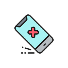 Smartphone drop, phone crash, drop test flat color line icon.