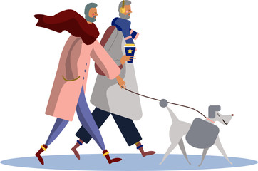 Cute flat illustration of two elderly old men, friends or boyfriends walking in cold windy winter or autumn street with dog and coffee in cozy warm clothes and scarves