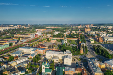 Fototapeta premium Aerial view of Tula Kremlin and Epiphany Cathedral - ancient Orthodox Church in city downtown, drone photo from above.