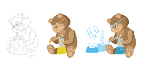 Animals and professions. Educational materials. The bear is a scientist. Bear chemist. Chemical devices. Vector icon set. Linear and color vector image. Clipart