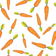 Seamless pattern with vegetable carrot. Hand-drawn illustration for printing on fabric, clothing, tableware, wrapping paper, Wallpaper. Cute baby background.