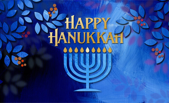Happy Hanukkah Menorah with graphic texture leaves and berries background graphic