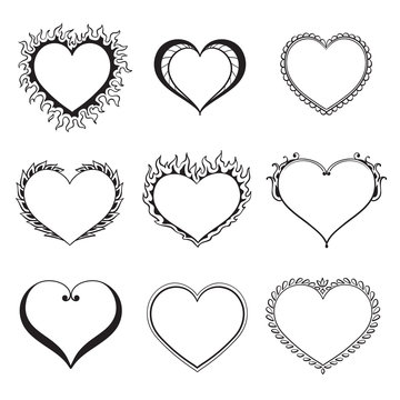 Vector set of black and white decorative hearts. Creative hand drawn hearts for card design