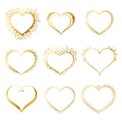 Vector set of golden hearts. Creative hand drawn hearts for card design