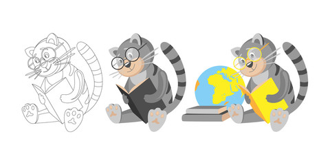 Animals and professions. Educational materials. The cat is a scientist. Cat in glasses with books and a globe. Vector icon set. Linear and color vector image. Clipart