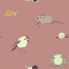 Vector Garden Residents on Dusty Pink seamless pattern background.
