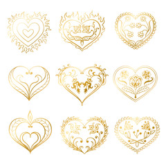 Vector set of golden hearts. Creative hand drawn hearts for card design