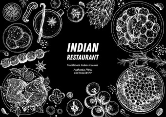 Obraz na płótnie Canvas Indian food illustration. Hand drawn sketch. Vector illustration. Menu background.