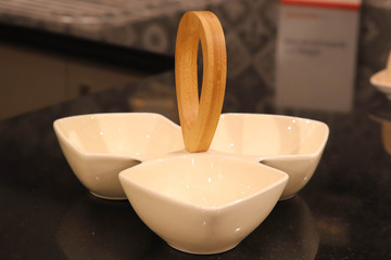 Ceramic Porcelain White Bowl With Wooden Holder Kitchenware