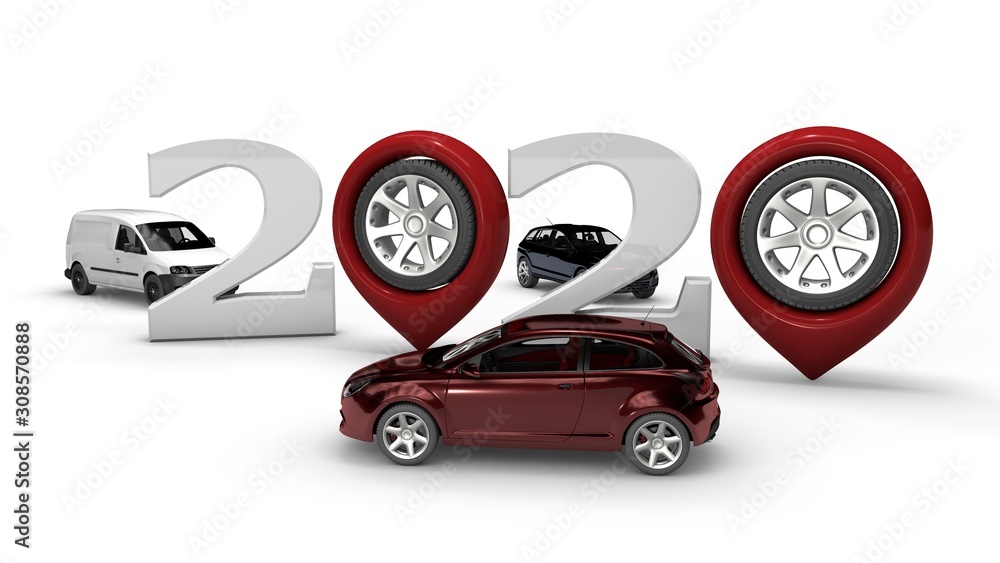 Poster 3d illustration of the date 2020 new year with numbers and pins navigators instead of zeros. wheels 